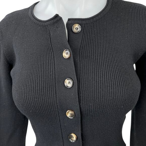 MOD REF Black Ribbed Knit Button Down Cropped Cardigan Sweater Top Size S - Picture 3 of 5